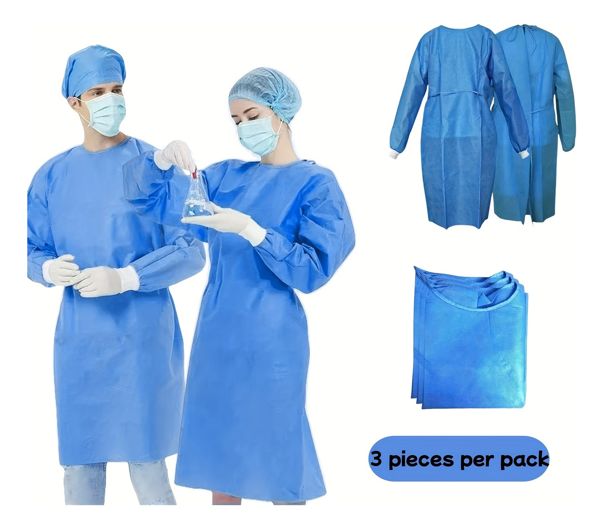 Medical Lab Gown - Lot de 3 blouses d'isolement jetables